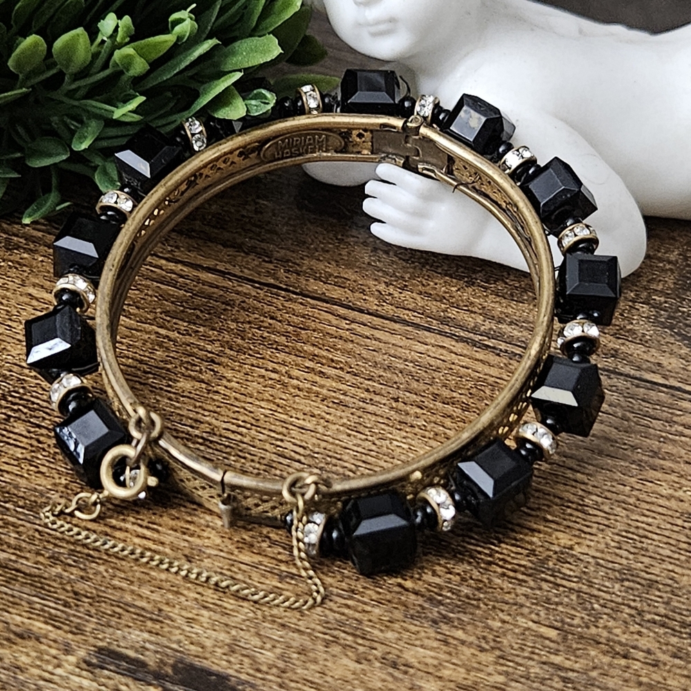 Miriam Haskell Black & Rhinestones Beaded Bangle … - image 2
